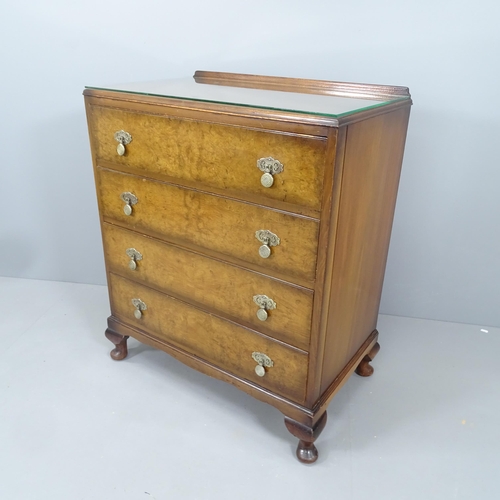 2140 - A 1930s burr walnut chest of four long drawers, raised on cabriole legs. 81x93x49cm