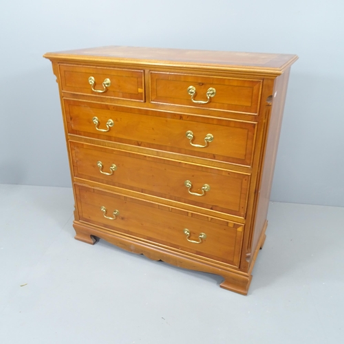 2141 - A mid-century crossbanded yew wood and ebony strung chest of two short and three long drawers, raise... 