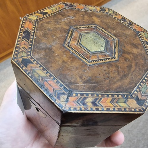 10 - 19th century walnut and parquetry inlaid octagonal tea caddy, with inner lid, width 11cm, height 11c... 