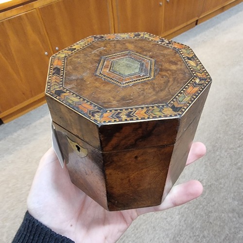 10 - 19th century walnut and parquetry inlaid octagonal tea caddy, with inner lid, width 11cm, height 11c... 