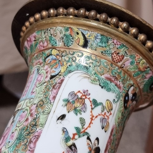 157 - A Chinese famille rose porcelain and ormolu table lamp, hand painted and gilded enamel decoration, b... 