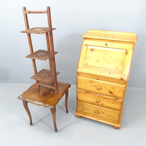 2160 - A modern pine bureau, 89x104x44cm, A French oak side table, 46x46cm, and a three-tier cake stand (3)