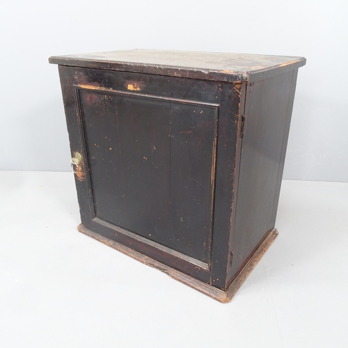 2171 - A stained pine campaign style chest, with oak draw fitted interior. 60x59x38cm. With key.