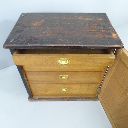 2171 - A stained pine campaign style chest, with oak draw fitted interior. 60x59x38cm. With key.