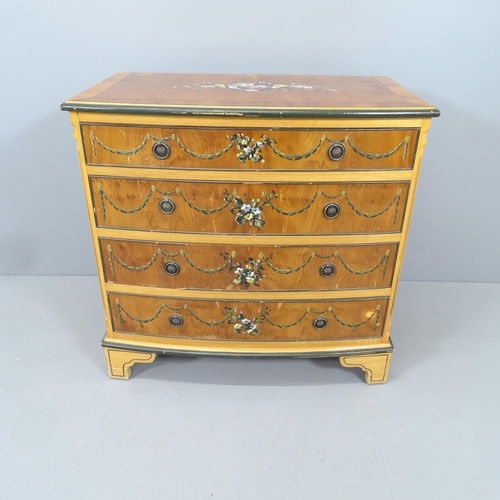 2184 - A modern yew-wood and ebony strung bow front chest of four long drawers, with painted floral decorat... 