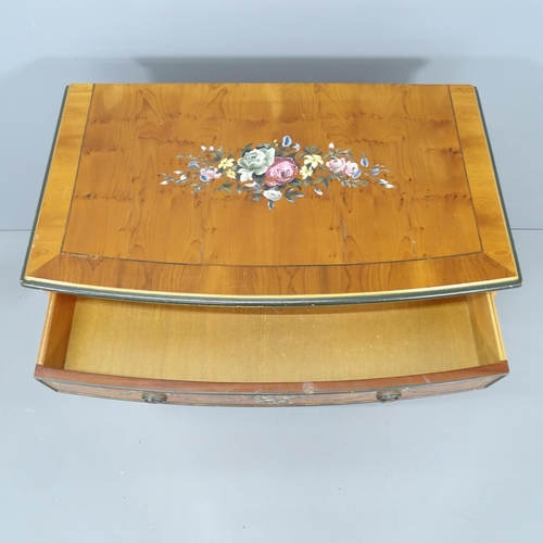 2184 - A modern yew-wood and ebony strung bow front chest of four long drawers, with painted floral decorat... 