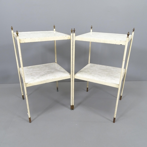 2257 - A pair of mid-century Hollywood Regency two-tier formica lamp tables in iron frame, with brass feet ... 