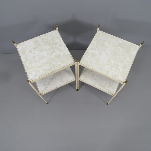 2257 - A pair of mid-century Hollywood Regency two-tier formica lamp tables in iron frame, with brass feet ... 