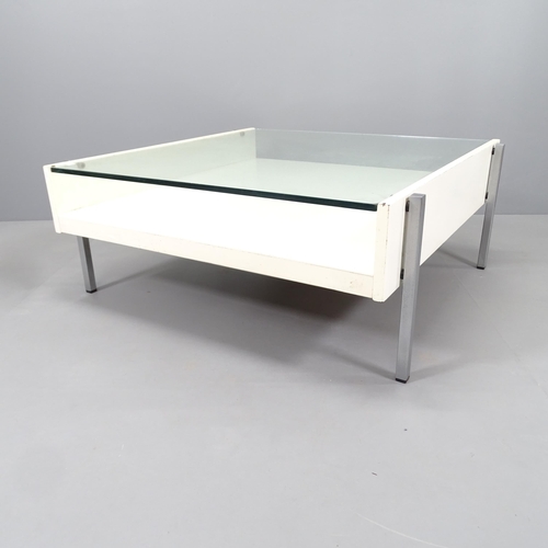 2261 - A mid-century Danish design coffee table, the later painted wood frame on steel legs with inset glas... 