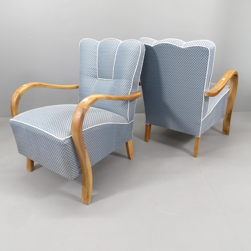 2262 - A pair of Art Deco style walnut and upholstered open arm lounge chairs, recently re-upholstered in F... 