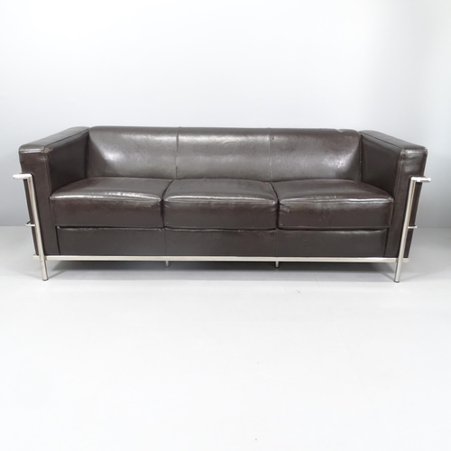 2264 - A Le Corbusier LC2 style three-seater sofa in black leather with chrome base. Overall 200x69x84cm, s... 