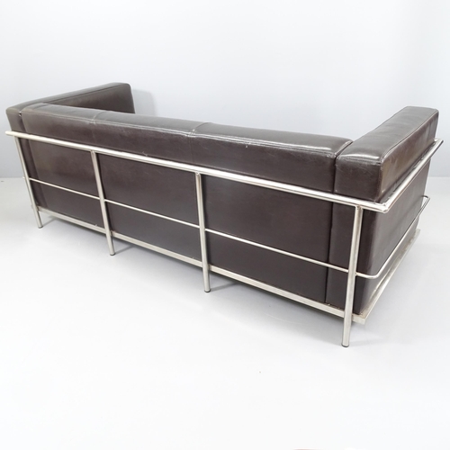 2264 - A Le Corbusier LC2 style three-seater sofa in black leather with chrome base. Overall 200x69x84cm, s... 