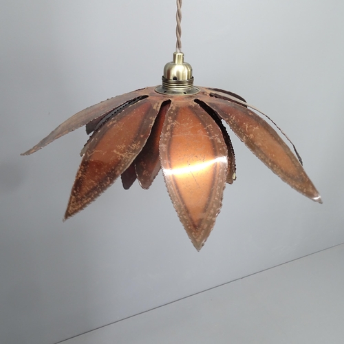 2266 - A hand made brutalist metal light fitting, circa 1970s', cut steel, bronzed flower shade, diameter 4... 