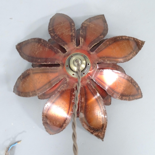 2266 - A hand made brutalist metal light fitting, circa 1970s', cut steel, bronzed flower shade, diameter 4... 