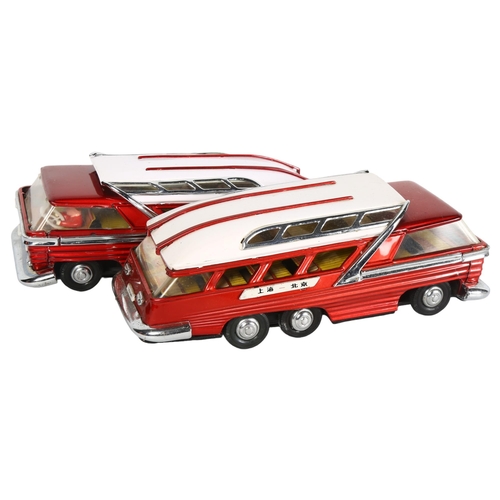 129 - 2 Vintage tinplate battery operated Mystery Action bus vehicles, ref. ME083, unboxed (2)