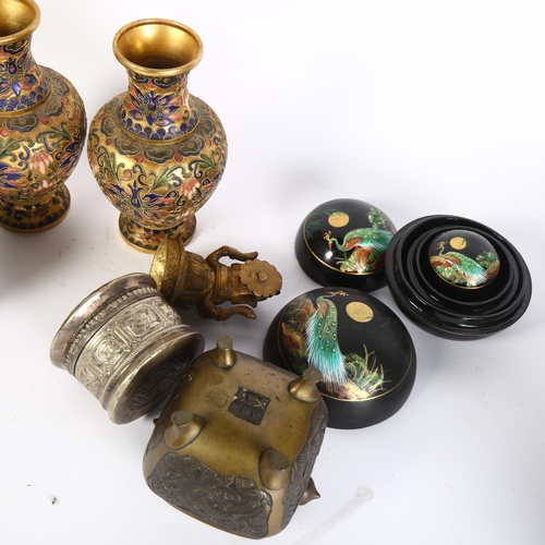 258 - A group of Oriental items, including a white metal circular box and cover, a pair of cloisonne vases... 