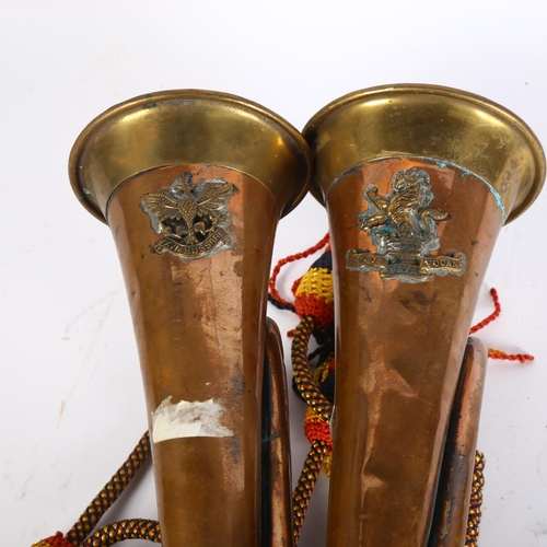 266 - 2 military brass and copper bugles, 1 for the 16th Hussars, and 7th Dragoon Guards