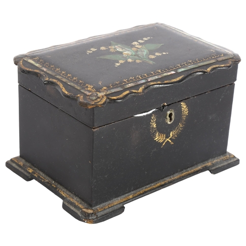 274 - A Victorian papier mache tea caddy, with painted gilded decoration, width 20cm