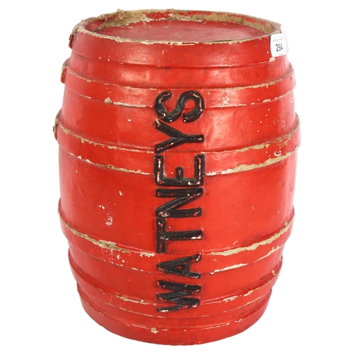 294 - WATNEYS - a red painted pressed card advertising barrel, height 32.5cm