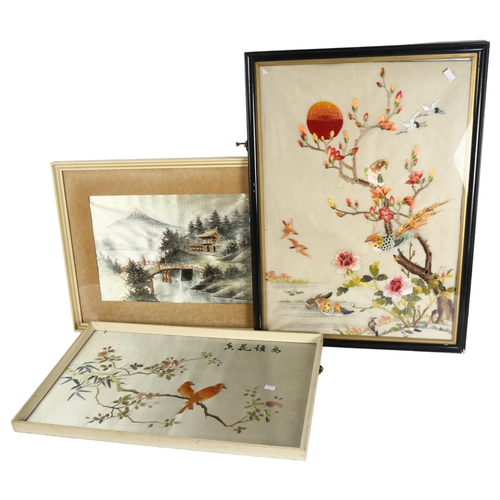 305 - 2 Chinese needleworks on silk panels, depicting birds and flowers, and another depicting Mount Fuji ... 