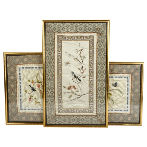 306 - A group of 3 Chinese needlework on silk pictures, depicting birds flowers and butterfly, all framed