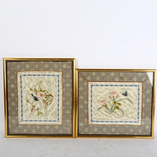 306 - A group of 3 Chinese needlework on silk pictures, depicting birds flowers and butterfly, all framed