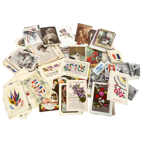 349 - A tin of mixed postcards, Kensitas silks, tea cards, First World War silks etc