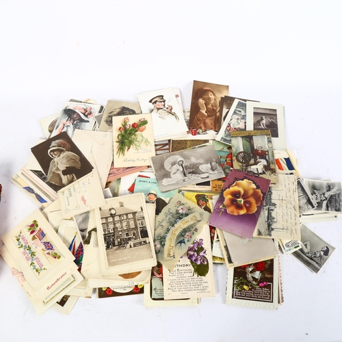 349 - A tin of mixed postcards, Kensitas silks, tea cards, First World War silks etc