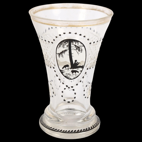 372 - A 19th century Bohemian glass flared beaker, with hand painted monochrome watercolour aperture depic... 