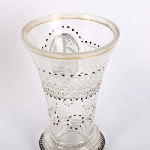 372 - A 19th century Bohemian glass flared beaker, with hand painted monochrome watercolour aperture depic... 