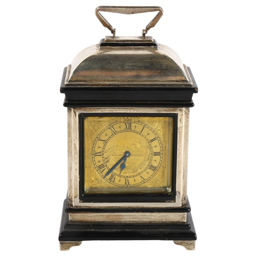 373 - A late Victorian silver and ebonised table clock, landscape and floral engraved gilded dial with Rom... 