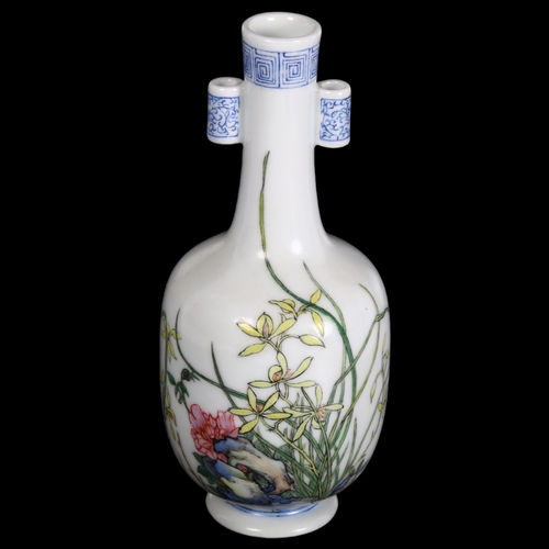 375 - A Chinese famille rose porcelain arrow bottle vase, hand painted and enamelled decoration, with rock... 