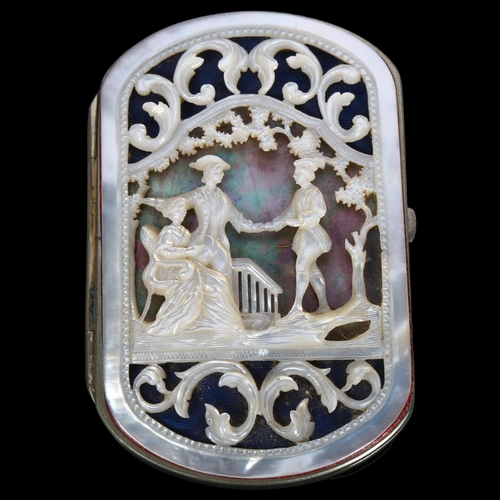 386 - An early 20th century lady's mother-of-pearl purse, with figural relief carved panel, L9cm