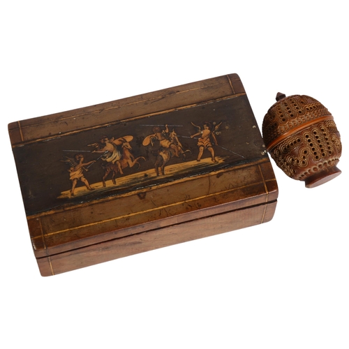 389 - A 19th century Italian marquetry box, with Classical scene, and a carved coquilla nut with pierced d... 