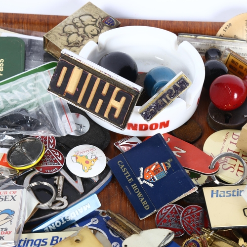 396 - Various Vintage bus and transport memorabilia, including Hastings Buses badges, ink stamps, omnibus ... 