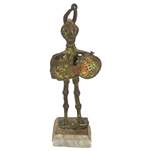 399 - Franco D'Aspro, a 20th century Italian verdigris bronze, figure holding shields, on stone base, heig... 