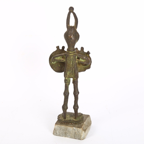 399 - Franco D'Aspro, a 20th century Italian verdigris bronze, figure holding shields, on stone base, heig... 