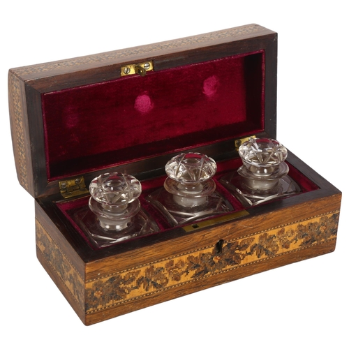 406 - A Victorian Tunbridge Ware perfume bottle case, with floral decorated hinged lid opening to reveal 3... 