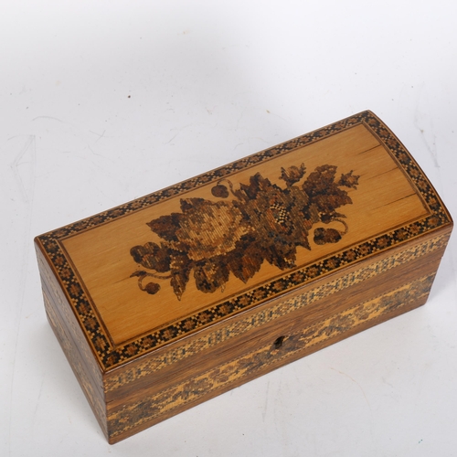 406 - A Victorian Tunbridge Ware perfume bottle case, with floral decorated hinged lid opening to reveal 3... 