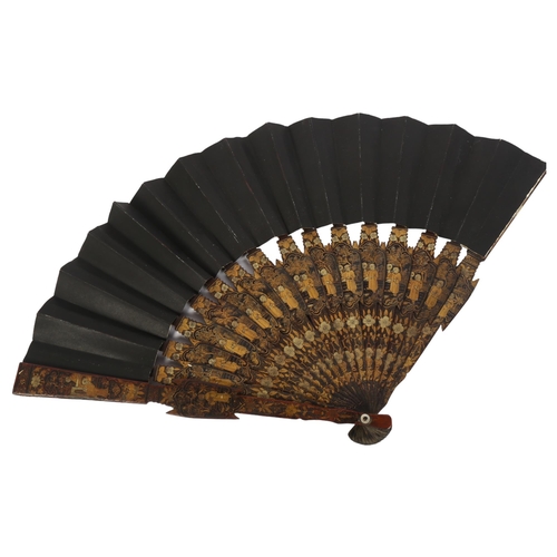 409 - A Chinese Mandarin gilded black lacquer mourning fan, circa 1880, length 28.5cm