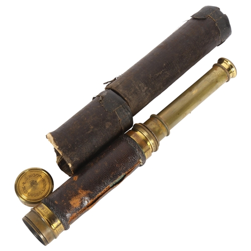 410 - A 19th century leather-covered brass 3-draw telescope, with dust cap marked LG Wood of London, exten... 