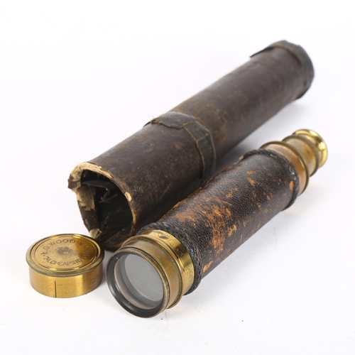 410 - A 19th century leather-covered brass 3-draw telescope, with dust cap marked LG Wood of London, exten... 