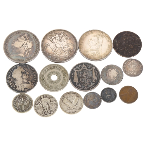 415 - Various coins, including George II 1758 sixpence, Charles II 1683 crown, French coin dog tag etc