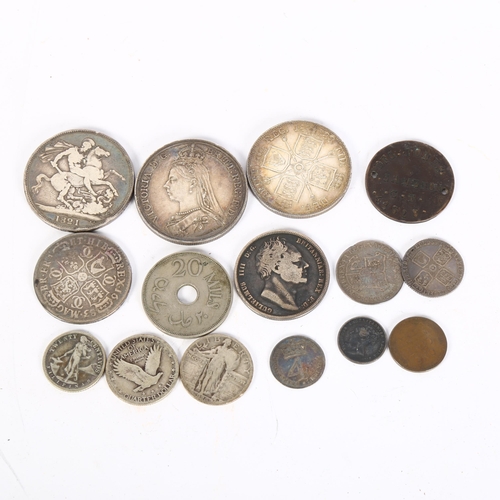 415 - Various coins, including George II 1758 sixpence, Charles II 1683 crown, French coin dog tag etc