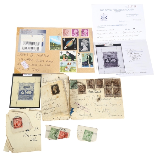 416 - Various stamps and letters, including 19th century Penny Black, 1st Battalion Cameronians Scottish R... 