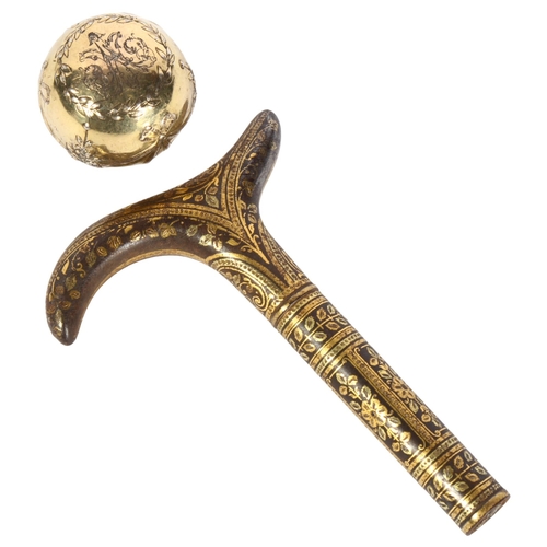 419 - A Toledo gold Damascene steel parasol handle, and a French silver-gilt globular walking cane knop, h... 