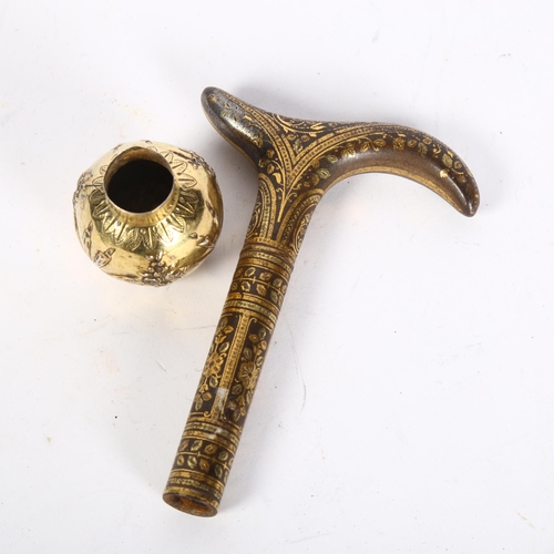 419 - A Toledo gold Damascene steel parasol handle, and a French silver-gilt globular walking cane knop, h... 