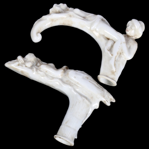 421 - 2 Art Deco French porcelain erotic walking cane handles, length 10cm (2)