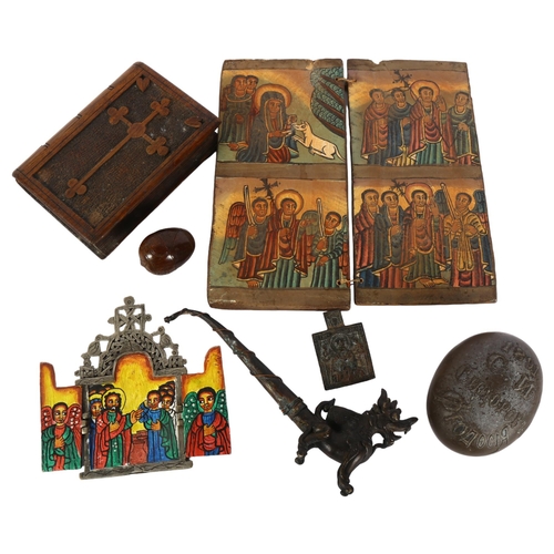 433 - Various collectables, including Russian icon, 19th century carved coquilla nut box etc