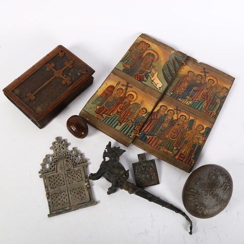 433 - Various collectables, including Russian icon, 19th century carved coquilla nut box etc